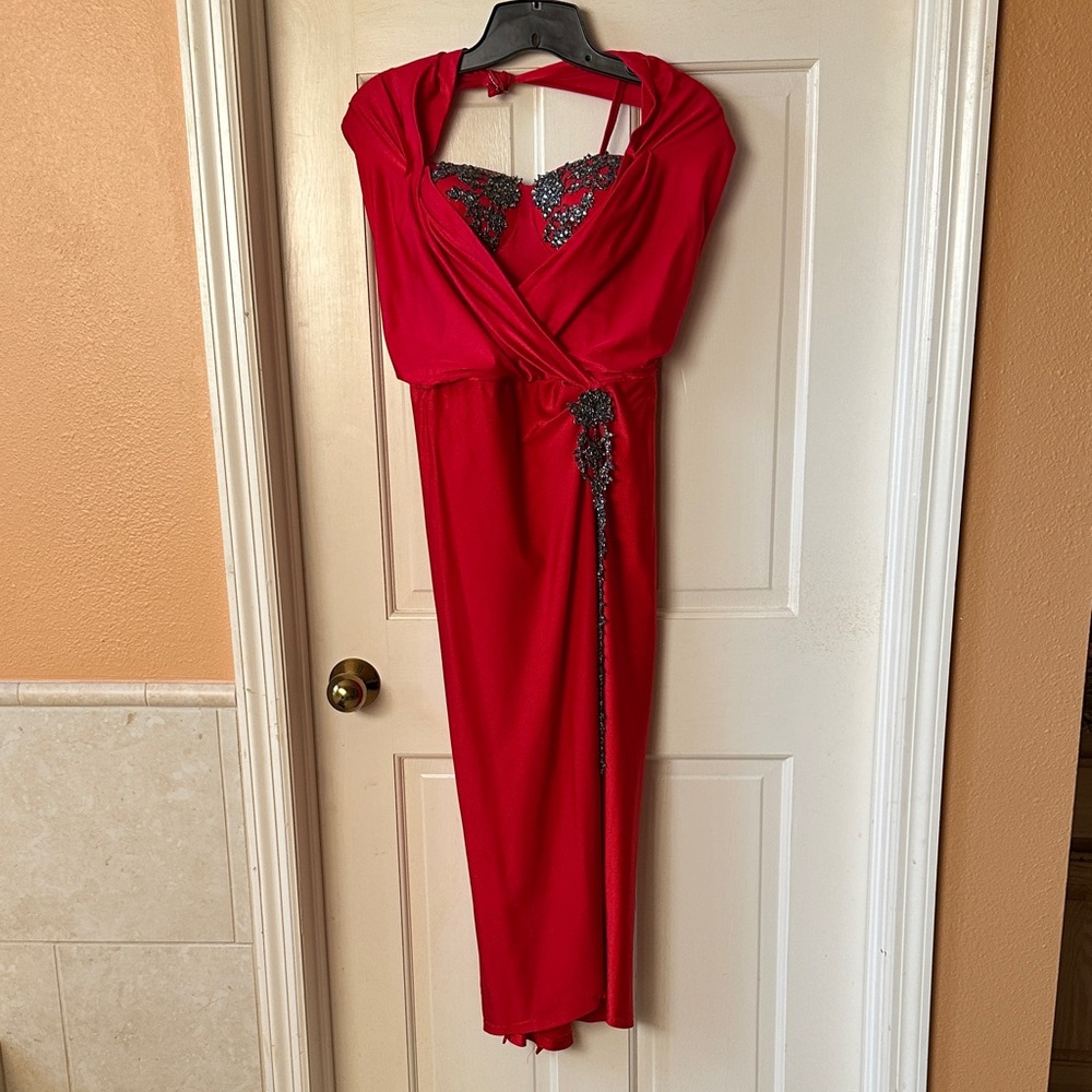 Elegant Red Dress with Black Lace Accents